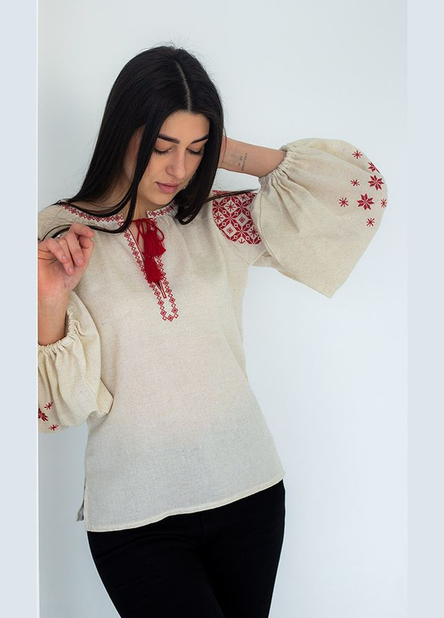 Бежева вишиванка жіноча vishivano4ka 235-4 візерунок геометричний льон (330598472)