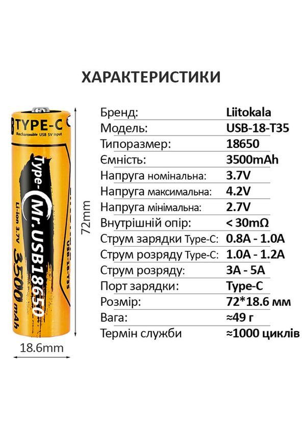 Акумулятор LiitoKala USB18T35 (18650, 3500 мА·г) No Brand - (362947536)
