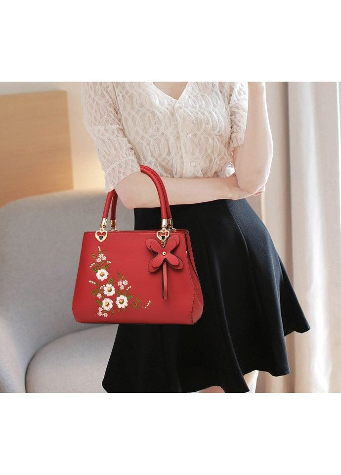 Жіноча сумка з вишивкою квітами червона екошкіра на плече ProDobro (363221548)