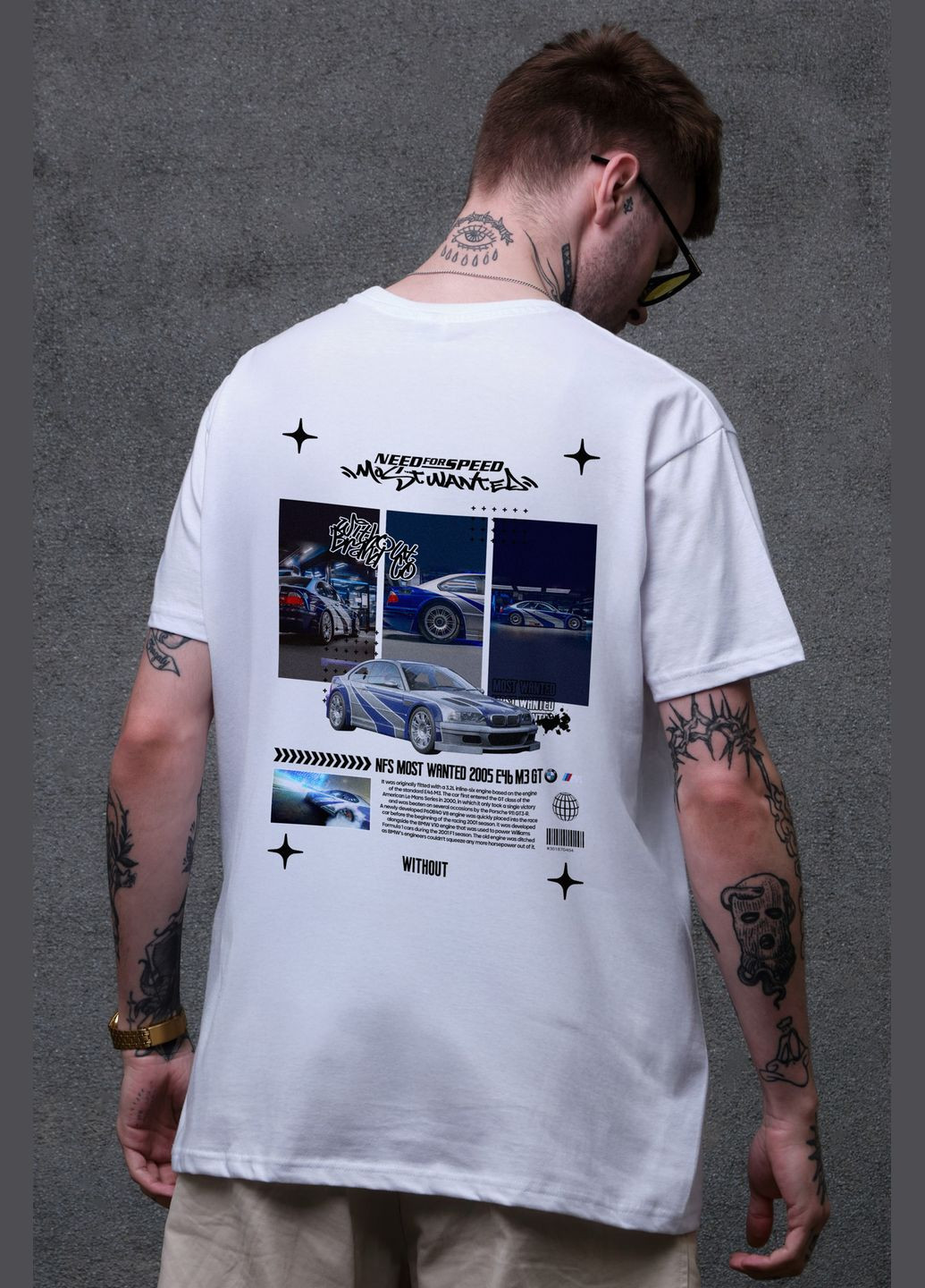 Біла чоловіча оверсайз футболка з принтом wanted з довгим рукавом Without