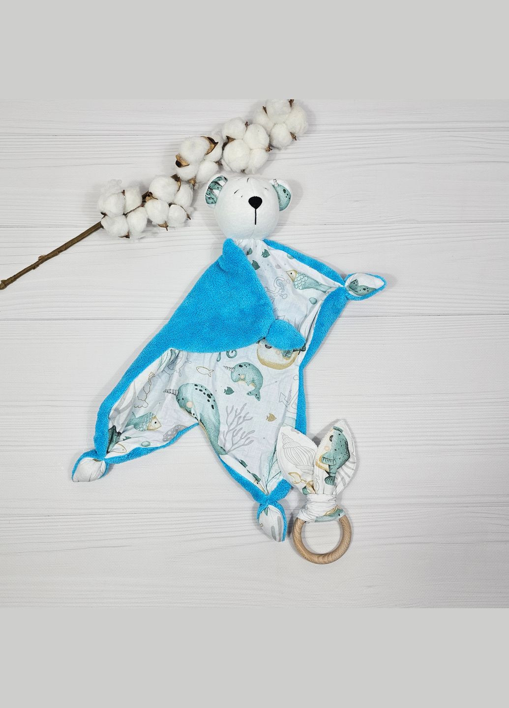 Игрушка комфортер Медвежонок и Эко грызунок Шуршащие ушки a.l.babybox Морские жители Синий флис No Brand (309214447)