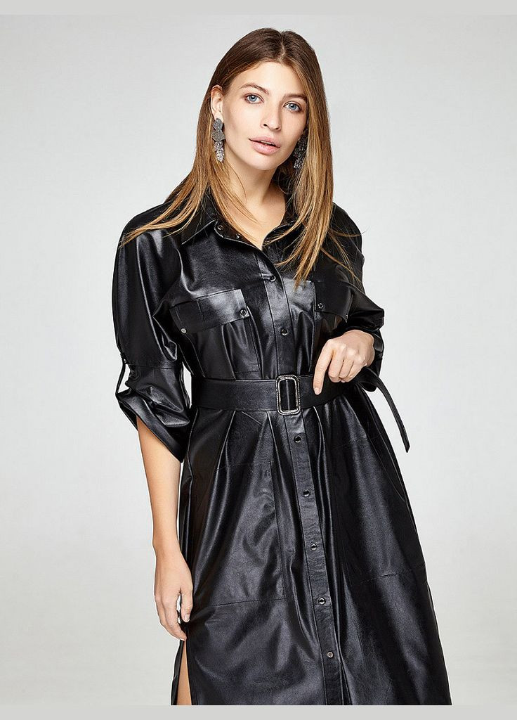 Чорна жіноче плаття-сорочка чорне з екошкіри mksh2376-1 Modna KAZKA