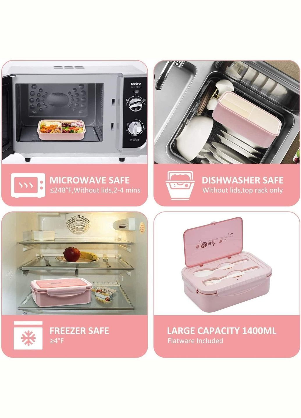 Герметичний пластиковий ланч-бокс із ложкою та виделкою LIFE 1400 мл, рожевий More (317253893)