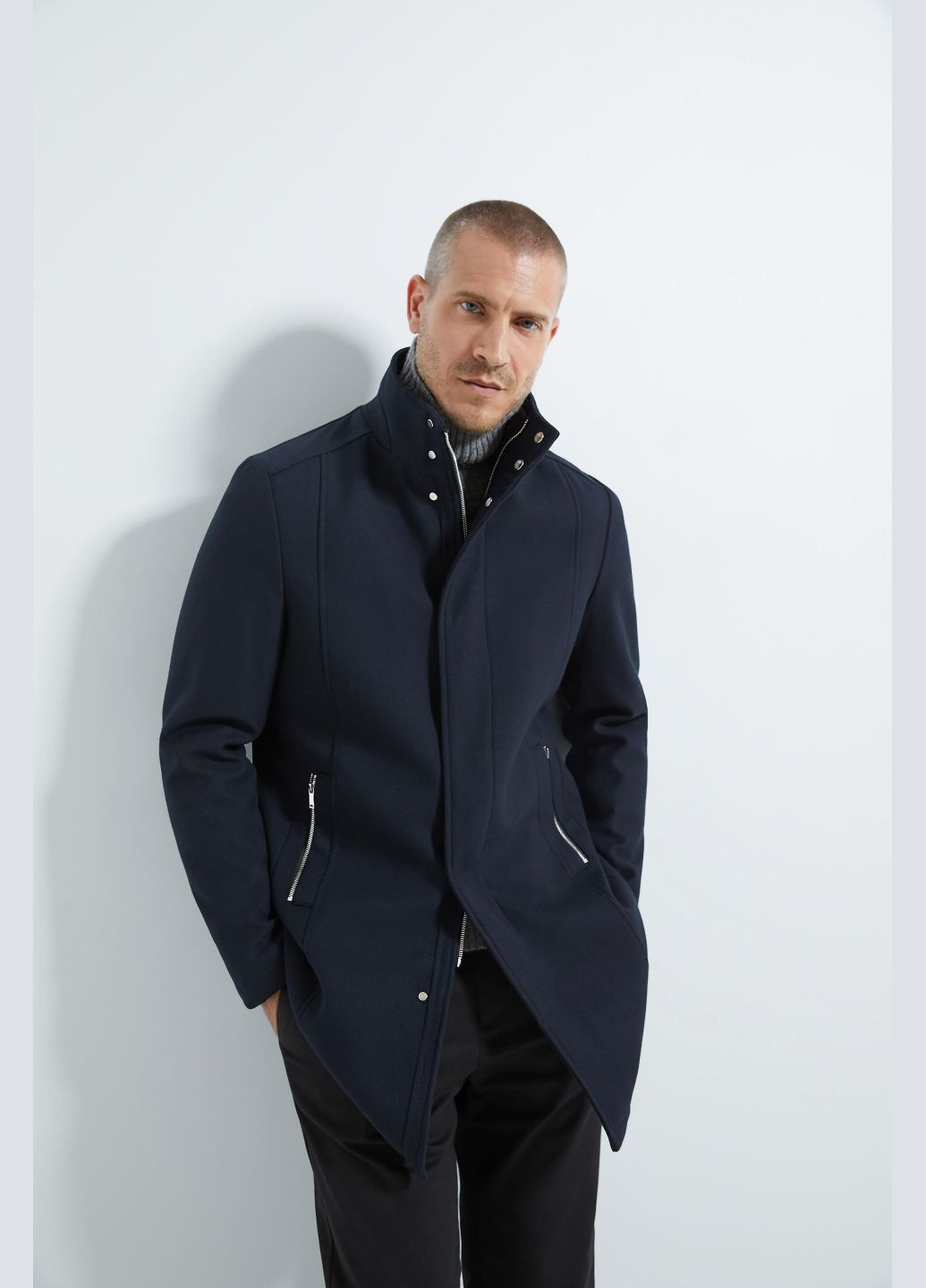 Синее демисезонное Водоотталкивающее пальто двубортное Zara