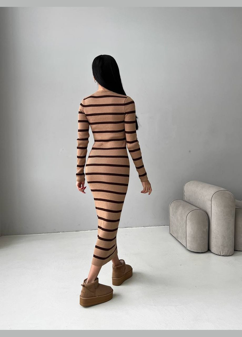 Коричневое женское платье миди в полоску цвет кемел-коричневый р.42/46 449393 New Trend