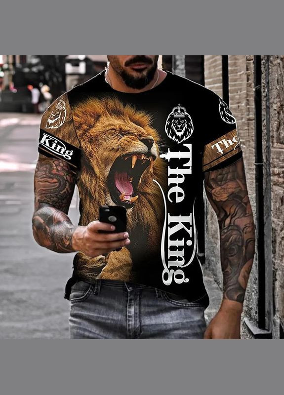 Черная футболка 3d печать фирменная мужская футболка с принтом рычит лев the king король термо дышащая летняя xl No Brand