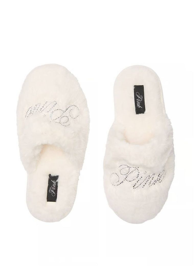 Молочные домашние тапочки faux-fur closed-toe slippers Victoria's Secret со стразами