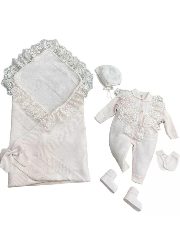 Молочний дитячий комплект (конверт-плед + комбінезон+аксесуари) на виписку 5 елементів 8068 р.50-62 молочний NipperLand