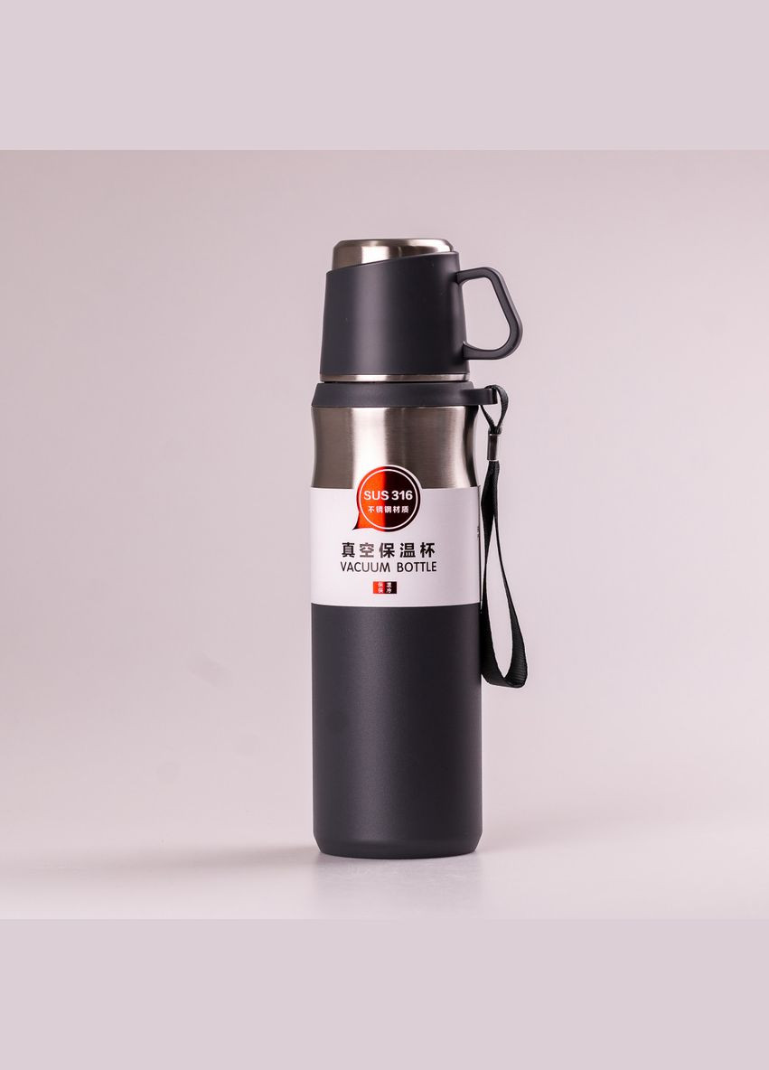 Термос з чашкою та ремінцем 600 мл з металевою колбою Сірий Happy Life (315718514)