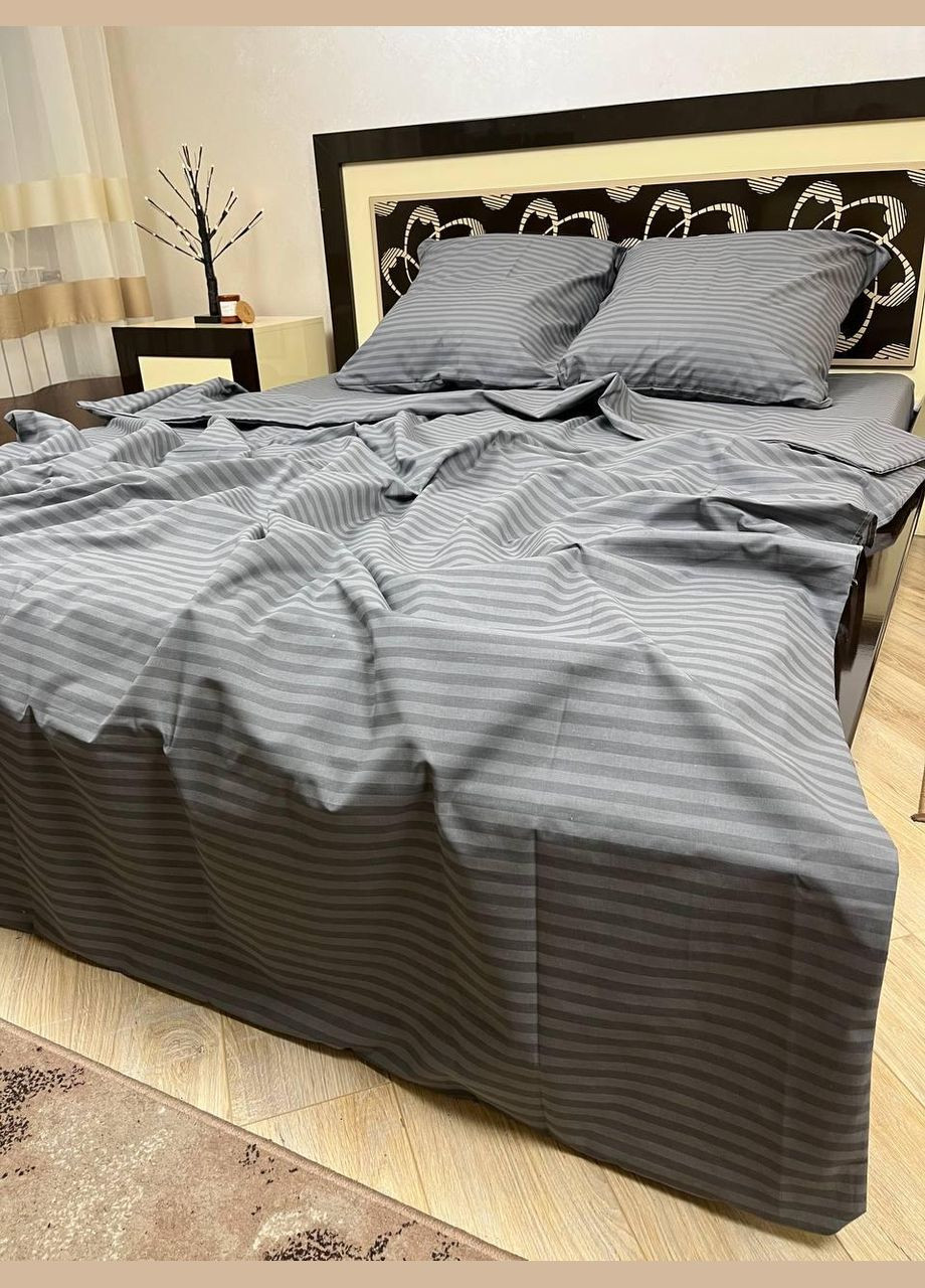 Постельное белье хлопковое в Полоску Евро 200 x 220 Бязь Серое 50 х 70 No Brand (278761408)