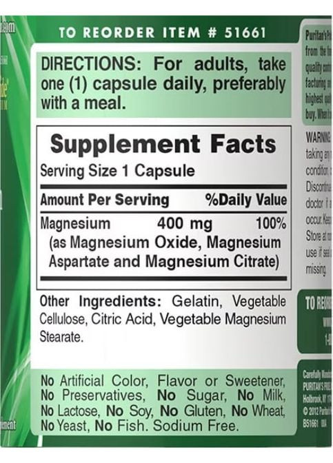 Puritan's Pride Triple Magnesium Complex 400 mg 120 Caps Puritans Pride (293246208)