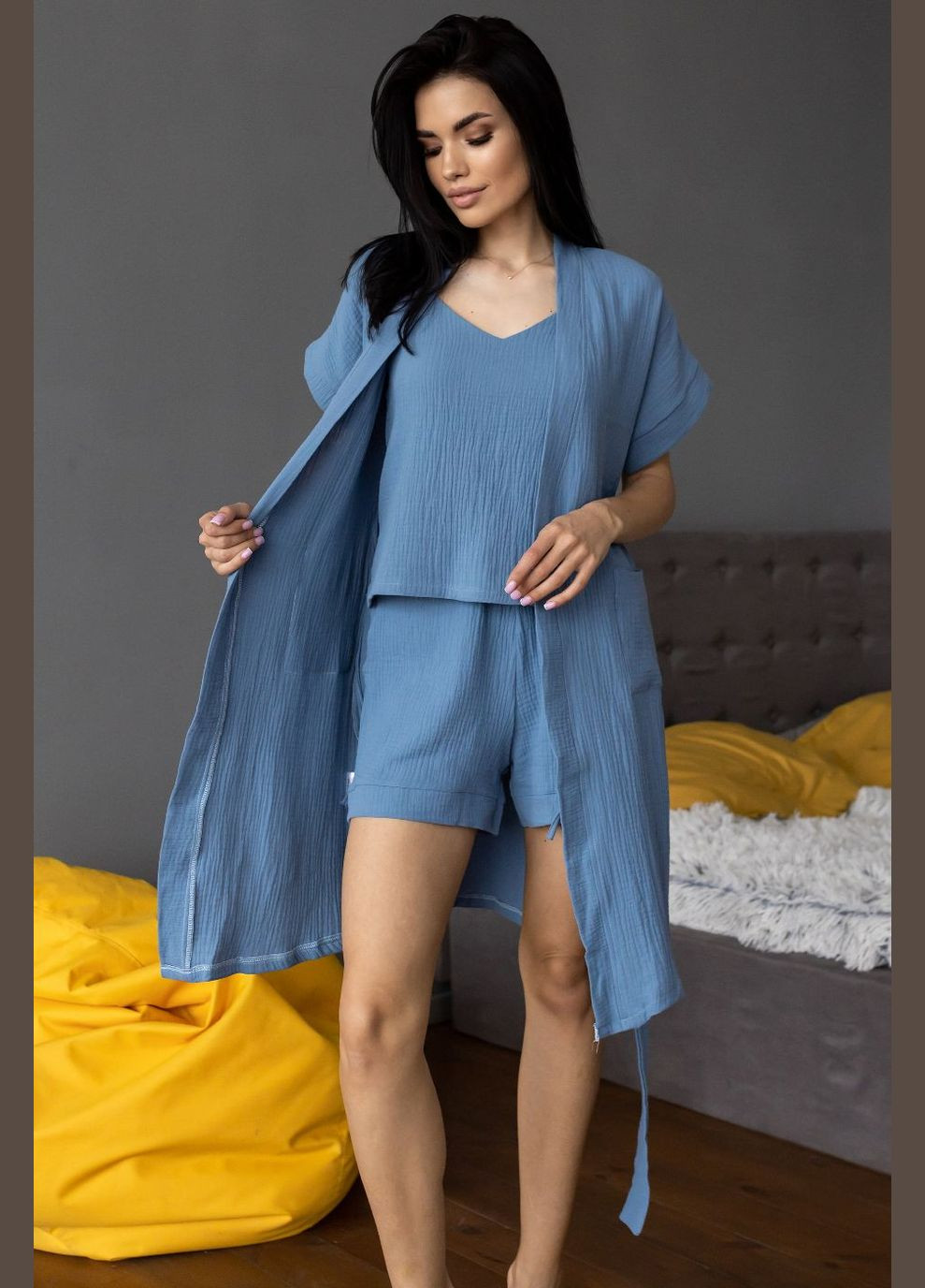 Индиго демисезонный комплект пижама муслиновая с халатом кд1808п джинсовый MiaNaGreen
