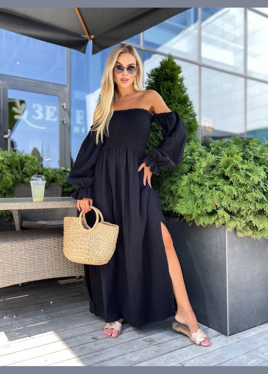 Черное повседневный, вечернее женское платье макси с разрезом с открытыми плечами Україна однотонное