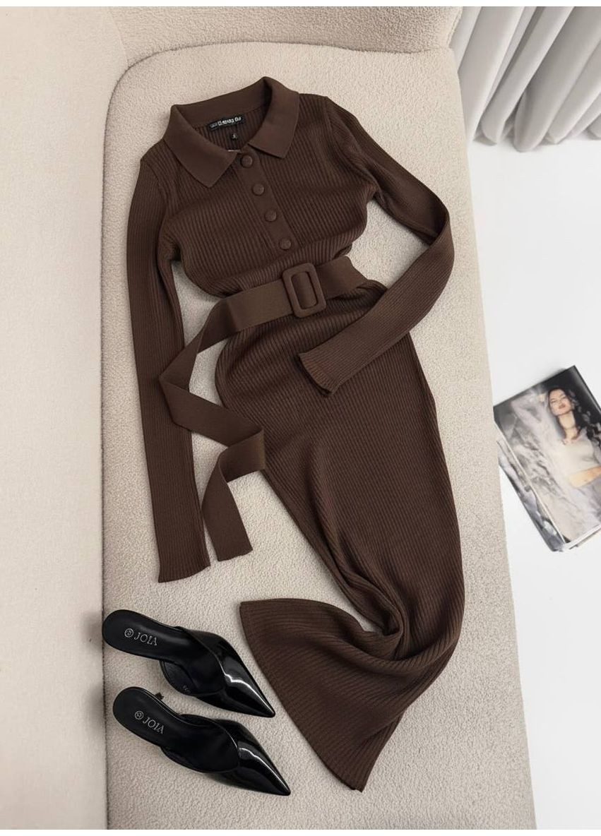 Коричневое деловое, кэжуал платье No Brand однотонное