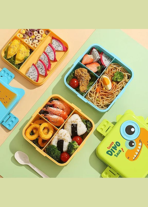 Детский ланч бокс на 2 яруса, 6 герметичных секций Super Dino 1.6л с соусницей 70мл, зеленый More (317253917)
