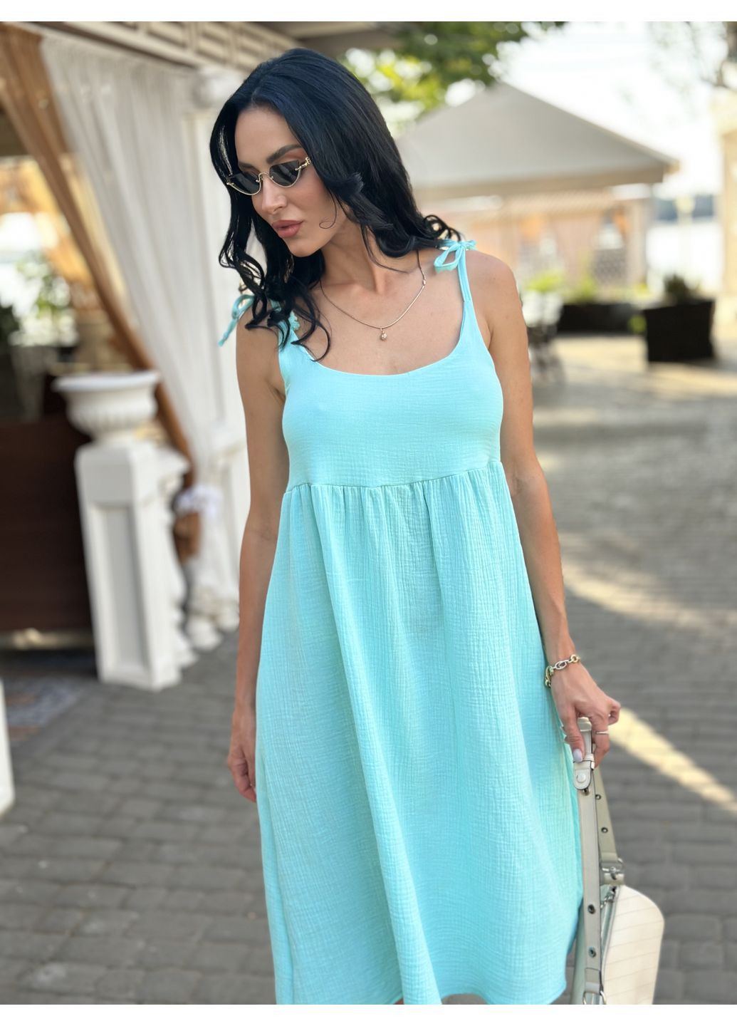 Голубое повседневный летнее платье сарафан из муслина на бретельках Fashion Girl