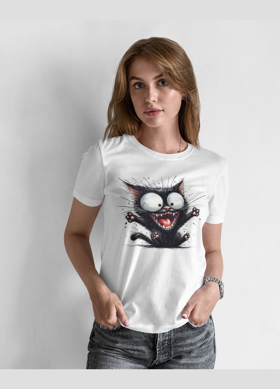 Белая летняя женская принтованая футболка с котом белая с коротким рукавом Mishe 2000404