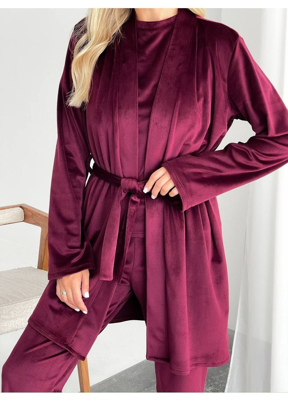 Комплект 1675 домашній трійка трикотаж велюр,штани,халат та футболка Україна (371185551)