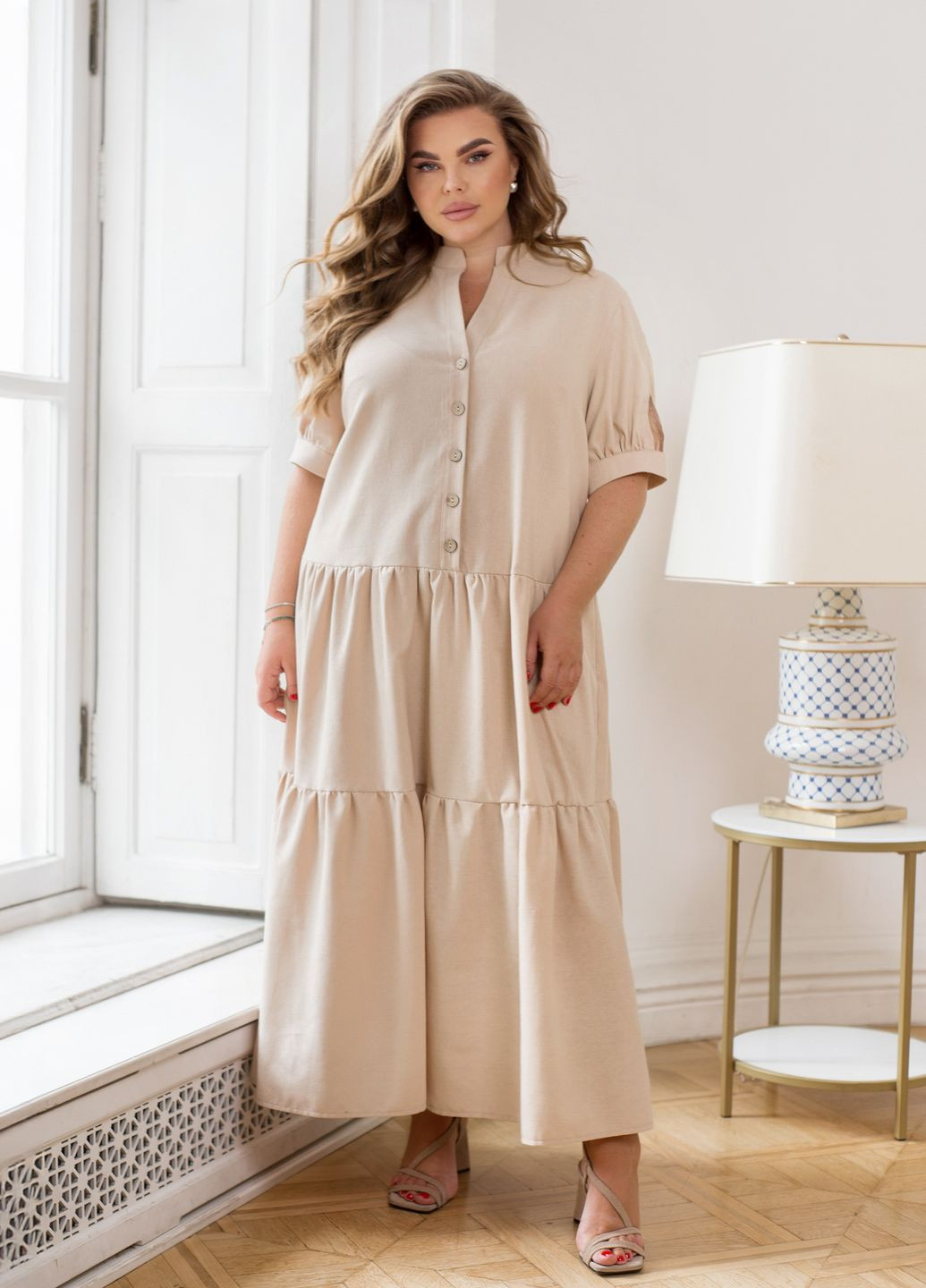 Світло-бежева повсякденний, кежуал сукня літня максі з льону з короткими рукавами та воланом а-силует кльош, а-силует, оверсайз, сукня-сорочка No Brand однотонна