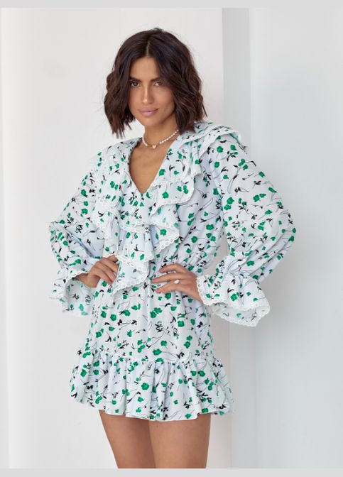 Белое повседневный принтованное платье с воланами бэби долл No Brand с цветочным принтом