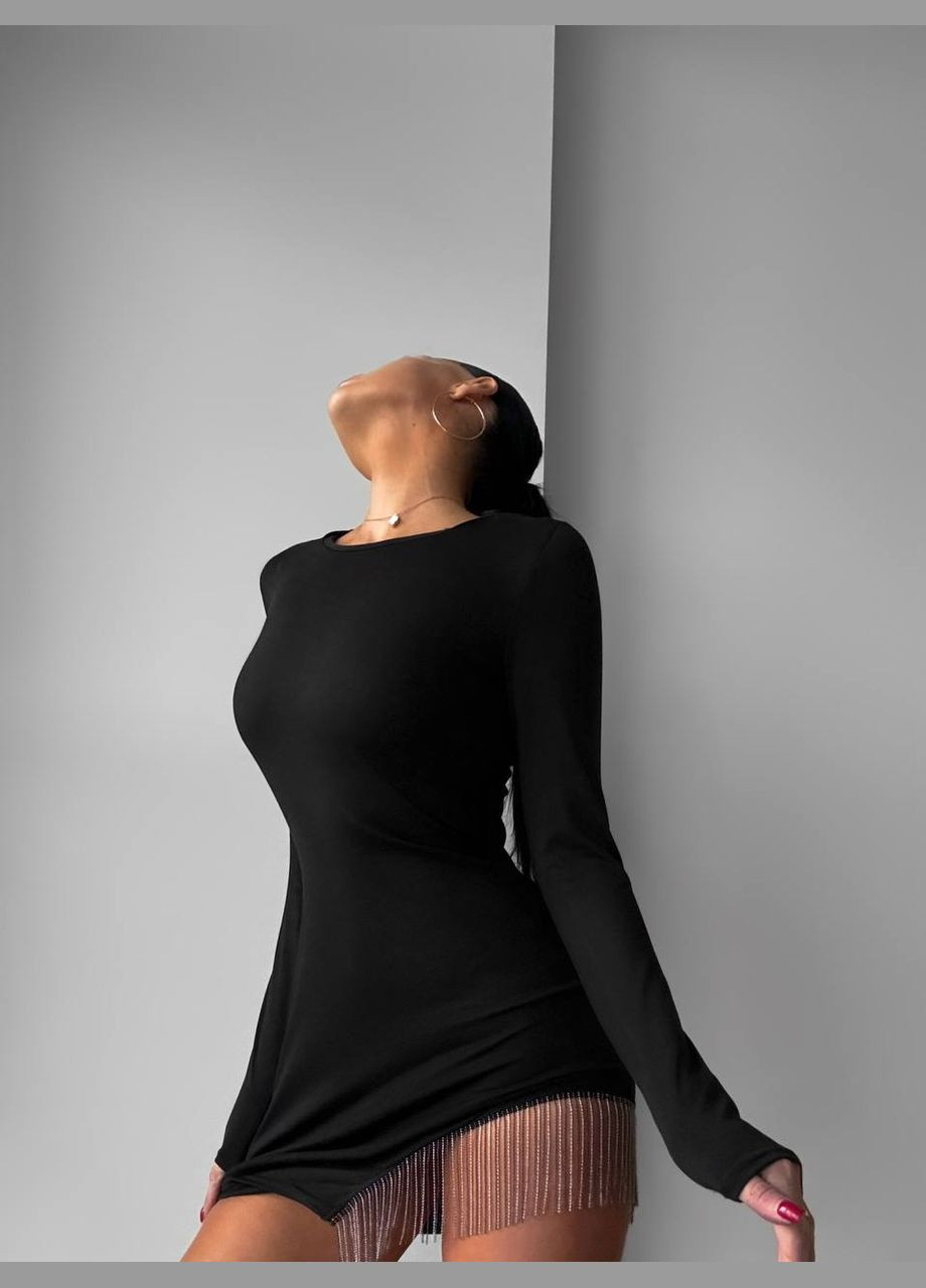 Черное коктейльное, вечернее платье облегающее с металлической бахрамой No Brand однотонное