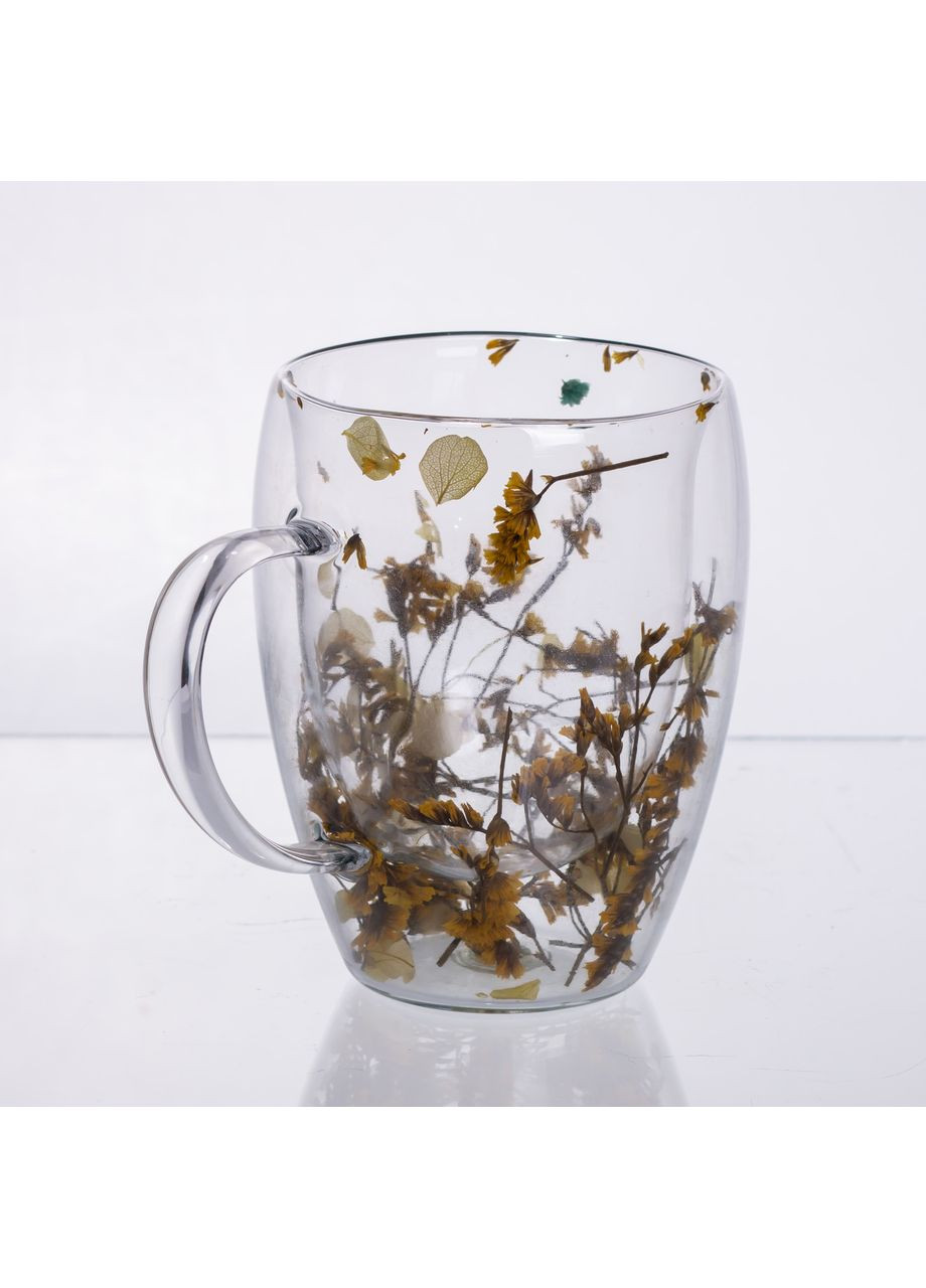 Чашка скляна з подвійними стінками, склянка з термостійкого скла з декором жовтих сухоцвітів 350 мл 64486-43 (A-047337) Yiwu (369724022)
