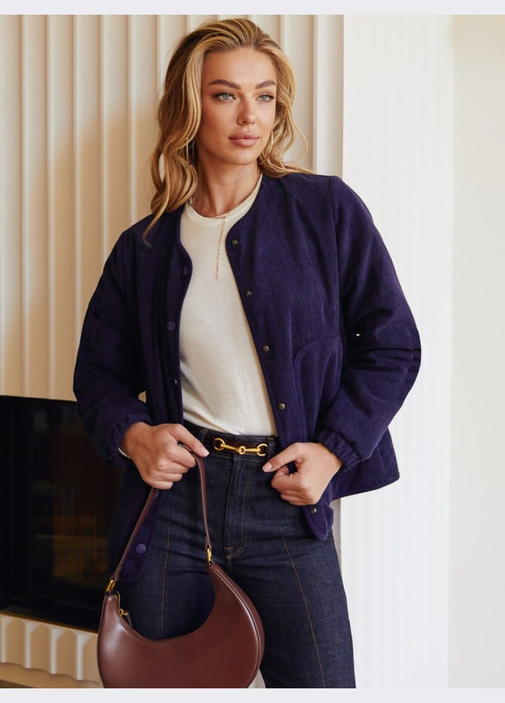 Темно-синя демісезонна вельветовий бомбер фіолетового кольору Dressa