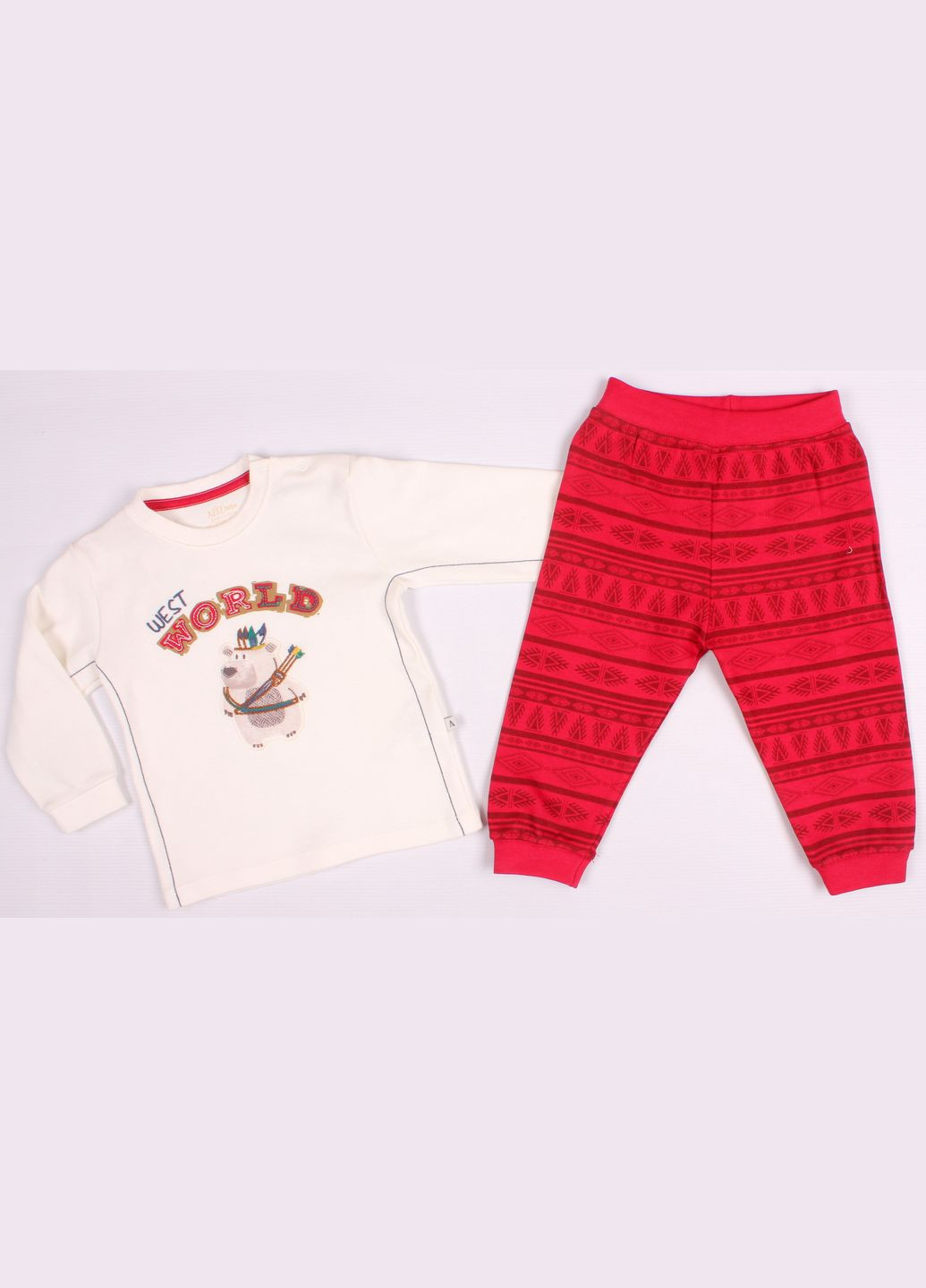 Кремовий демісезонний футболка с довгим рукавом + брюки 002344 кремовий і червоний Aziz Bebe