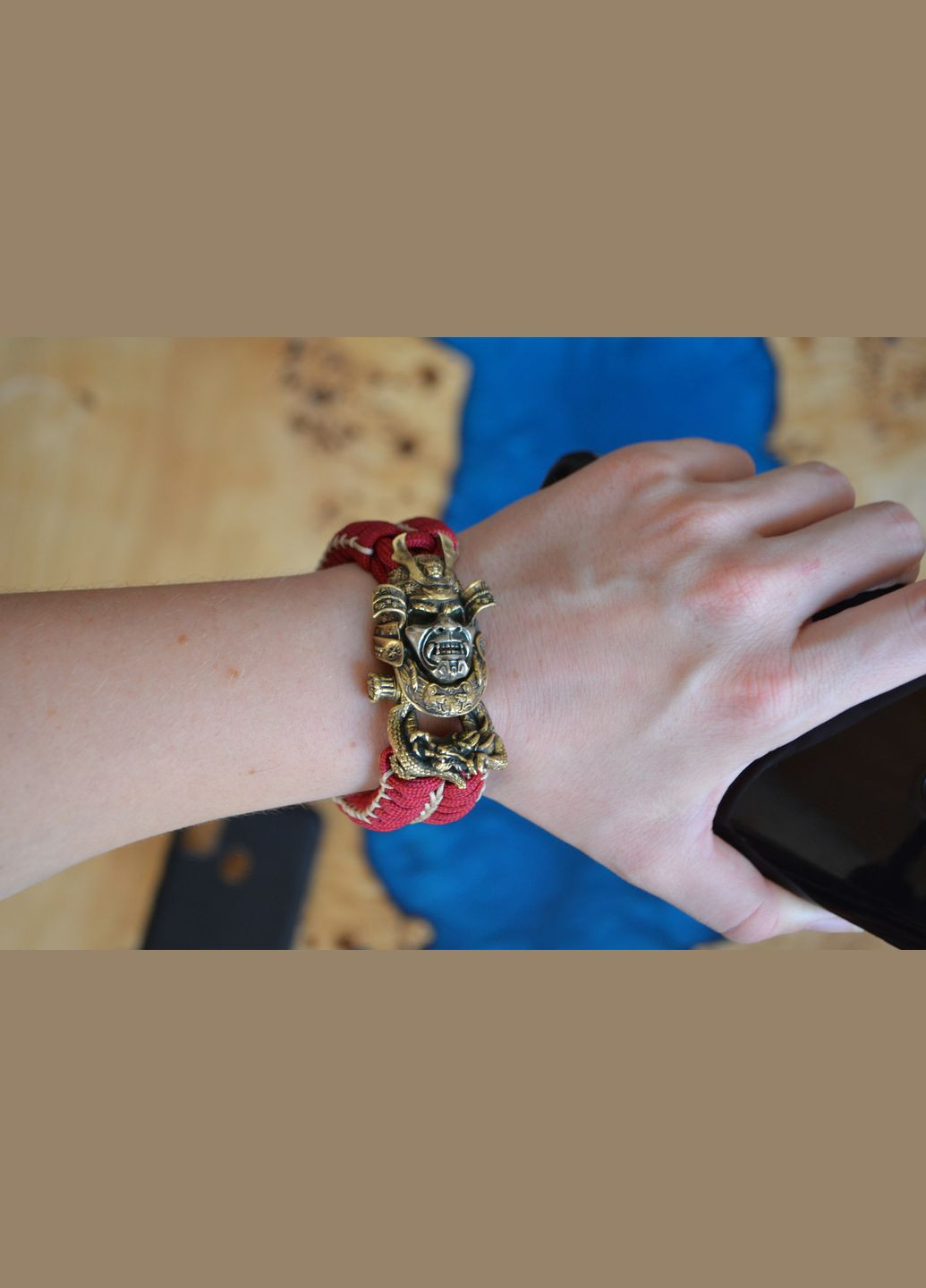 Браслет із Самураєм із латуні та з маскою з меляріа плетіння Змійка з обплетенням під замовлення + брелок у подарунок No Brand (341738805)