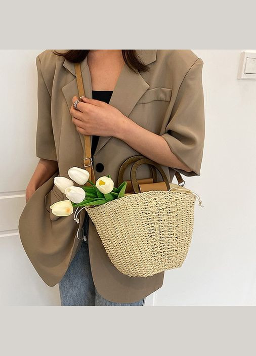 Маленька літня плетена сумка кросбоді з дерев'яними ручками та довгим ремінцем ANGELA No Brand (293510687)