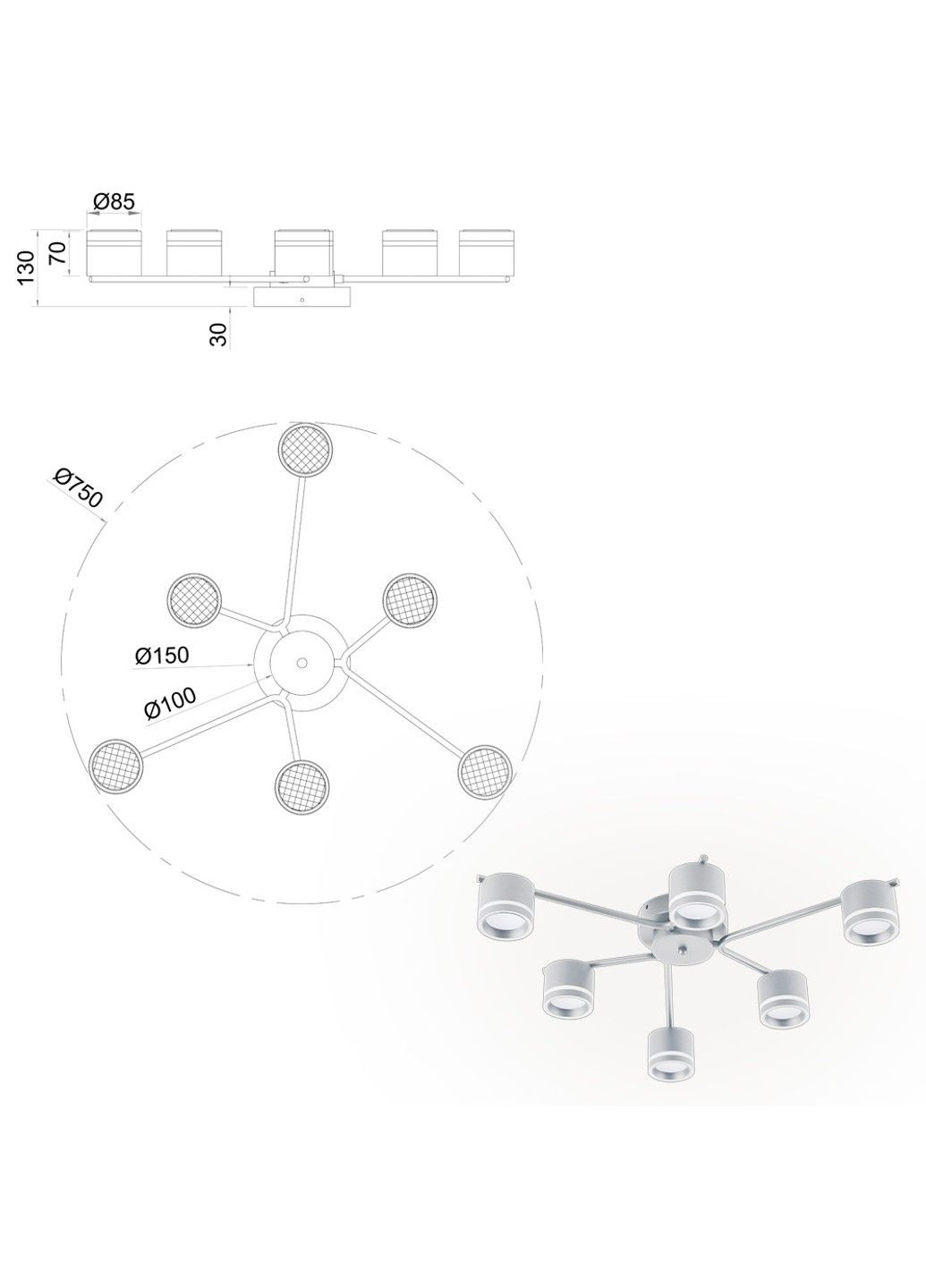 Люстра GELA 6R 750x130 мм Белая на 6 ламп GX53 ESLLSE (317744254)