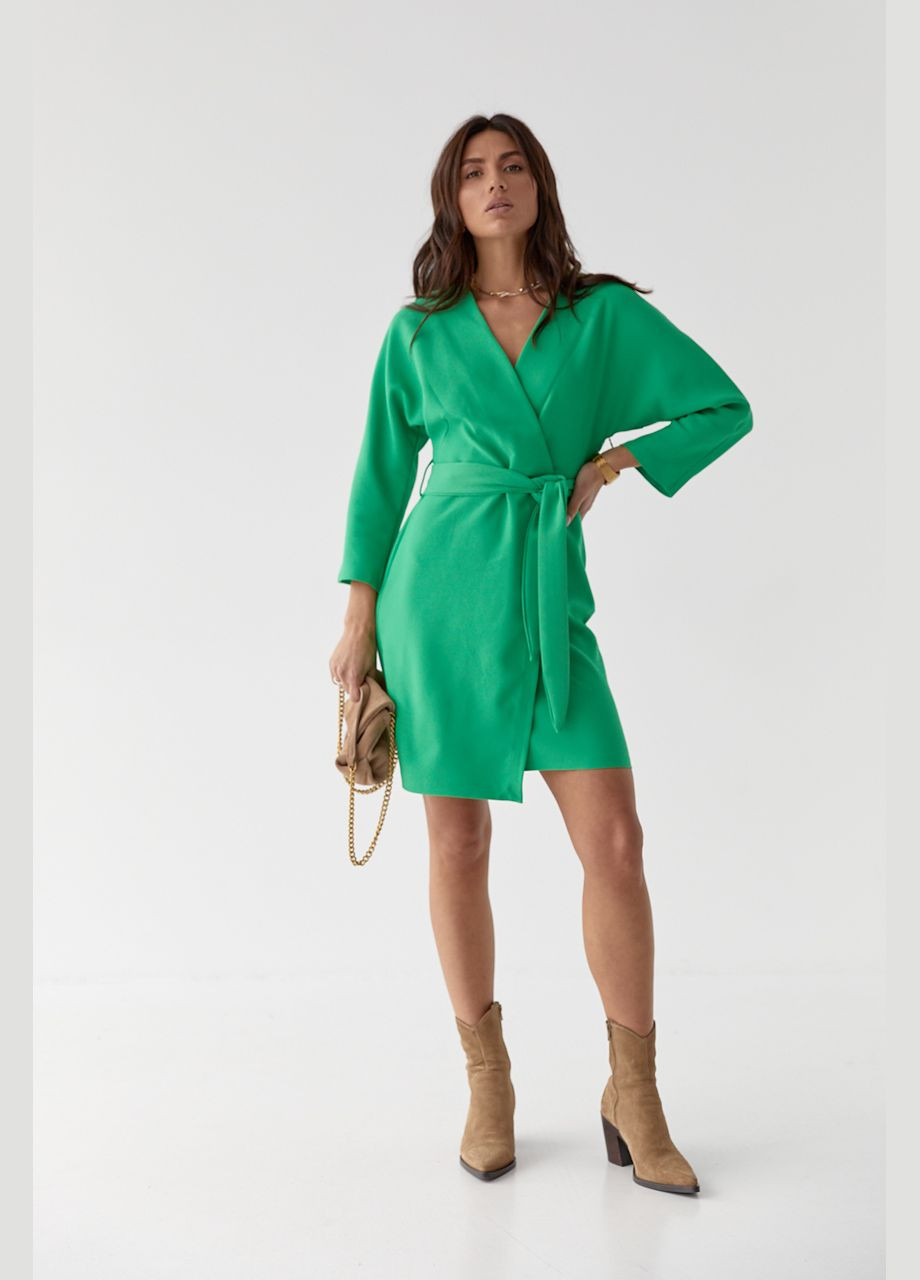 Зелена ділова сукня-кімоно на запах з поясом 4950 Lurex однотонна
