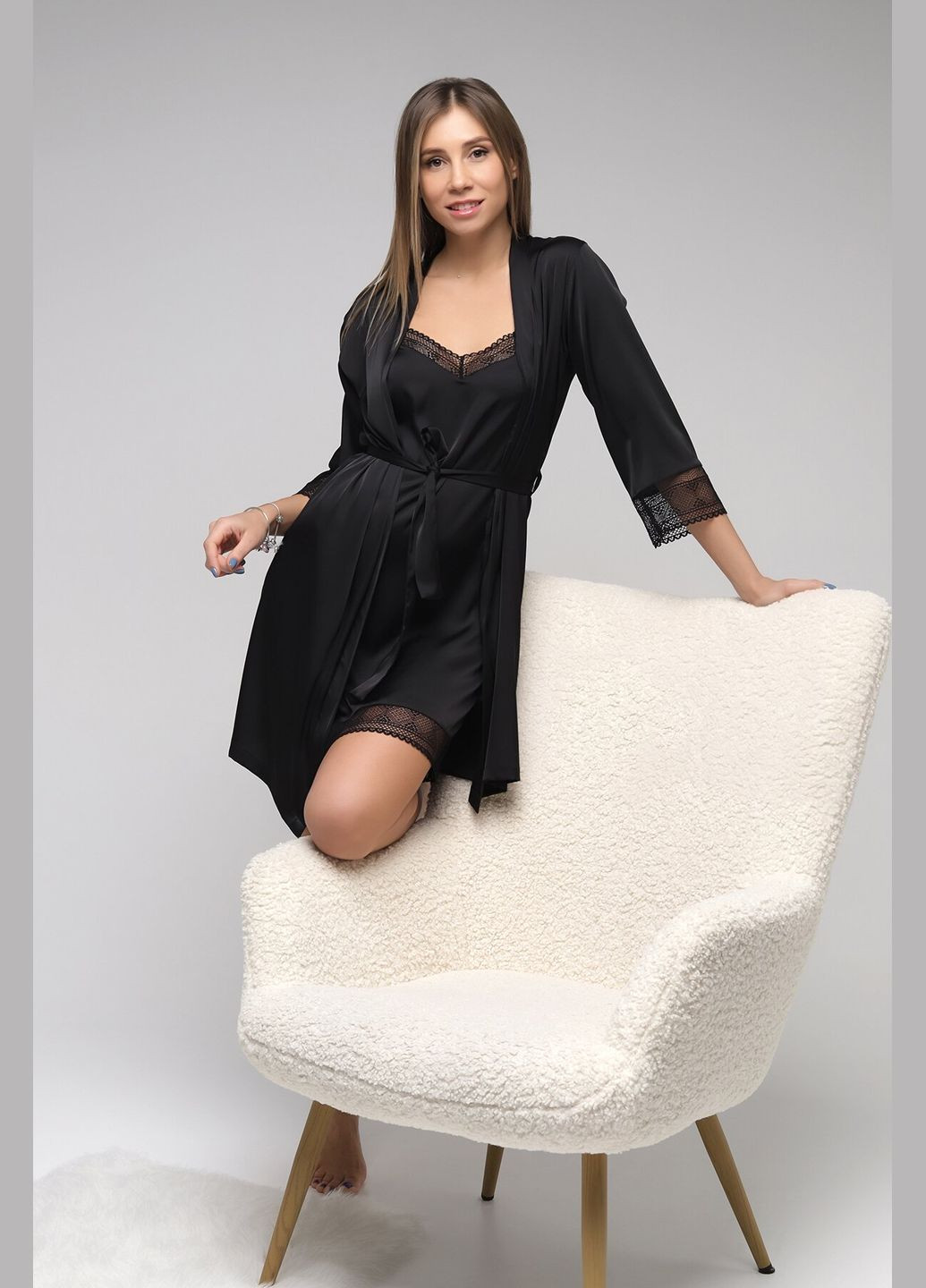 Черный демисезонный комплект халат+ночная рубашка 0305/304 черный (2000989440376a) shop (2000991056657) Barwa