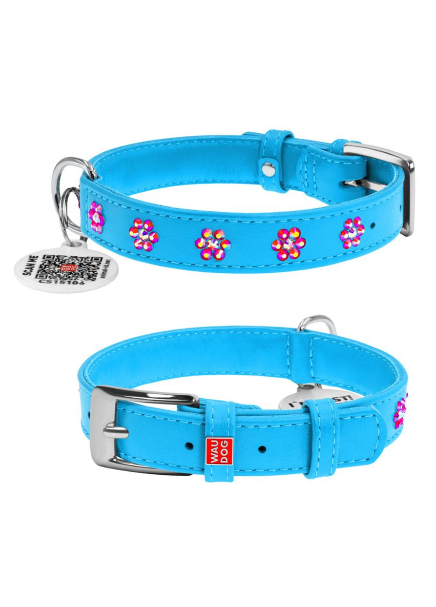 Ошейник для собак кожаный Glamour с QR паспортом, с клеевыми стразами "Цветочек", Ш 20 мм, Дл 30-39 см голубой WAUDOG (332879635)