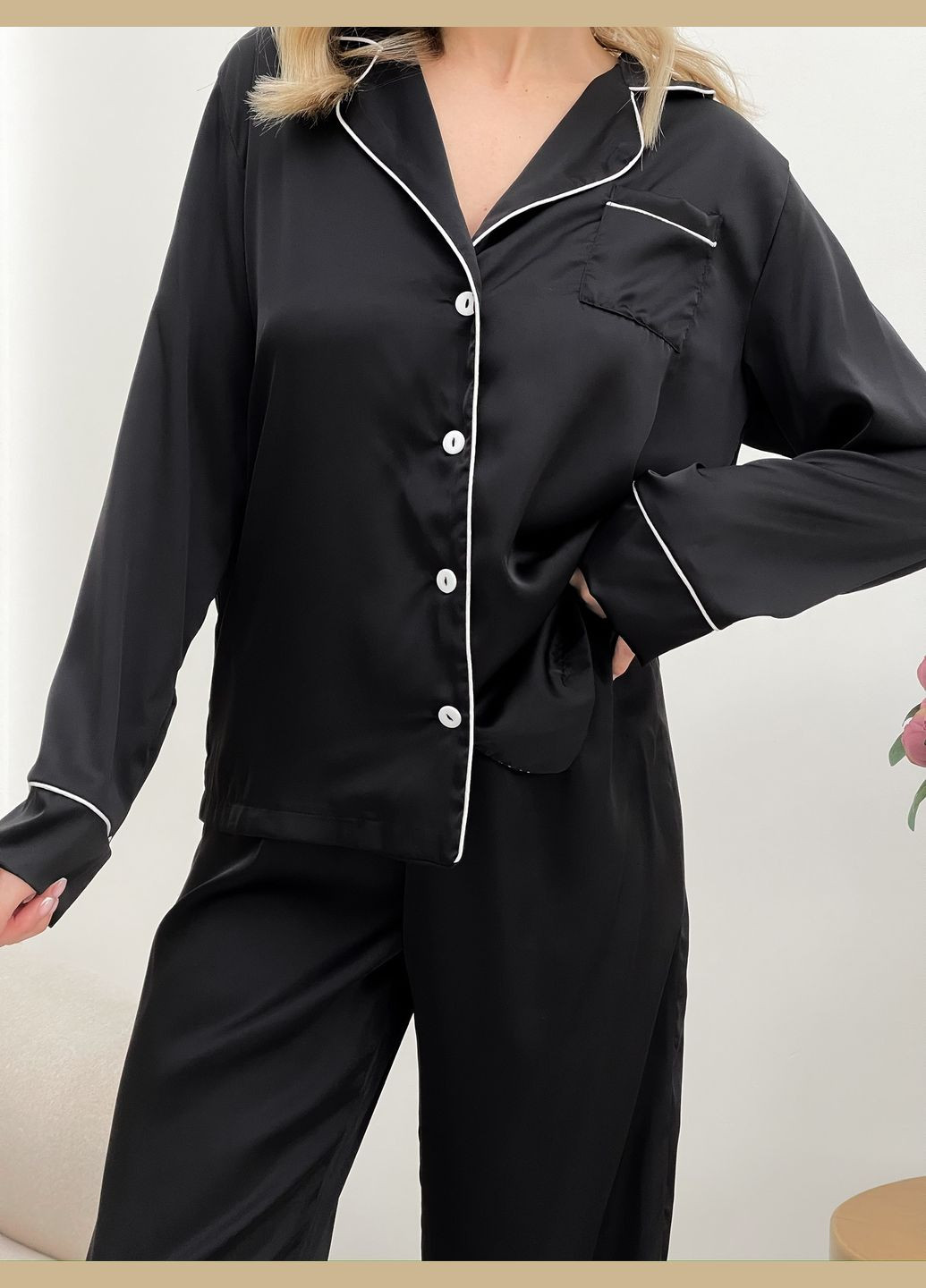 Черная всесезон шелковая пижама рубашка + брюки No Brand