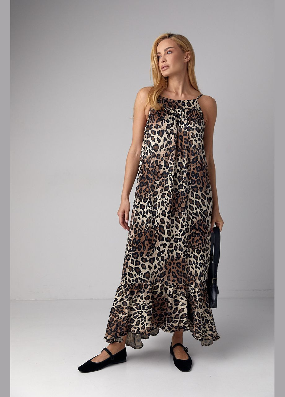 Коричнева повсякденний атласний сарафан з леопардовим принтом коричневий колір l з відкритими плечима No Brand леопардовий
