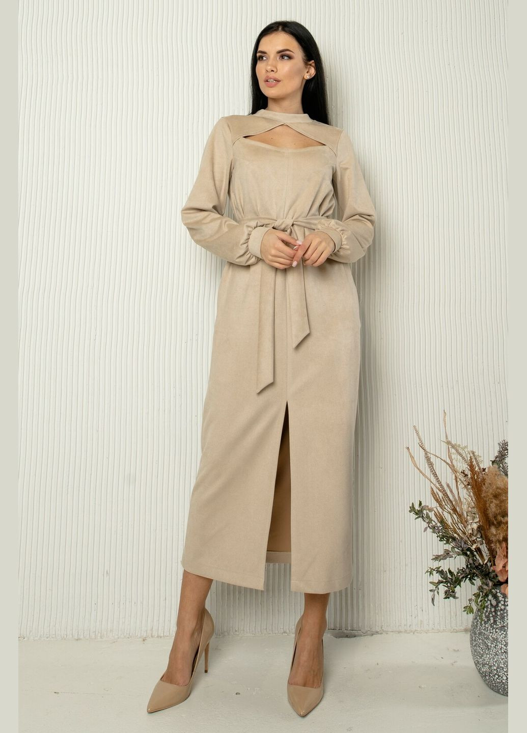 Кремова повсякденний трикотажна сукня міді прямий вільний силует з декоративною горловиною та пишним рукавом (пл 0722) RiMari