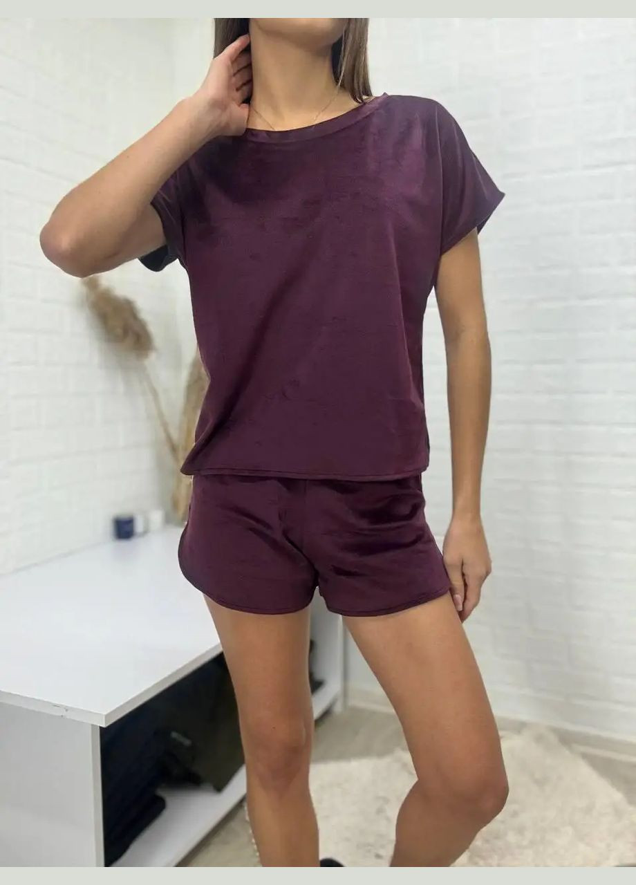 Бордовая всесезон женская пижама "футболка шорты", велюр на х/б основе (плюш), цвет "бордо" т.м. lekol No Brand