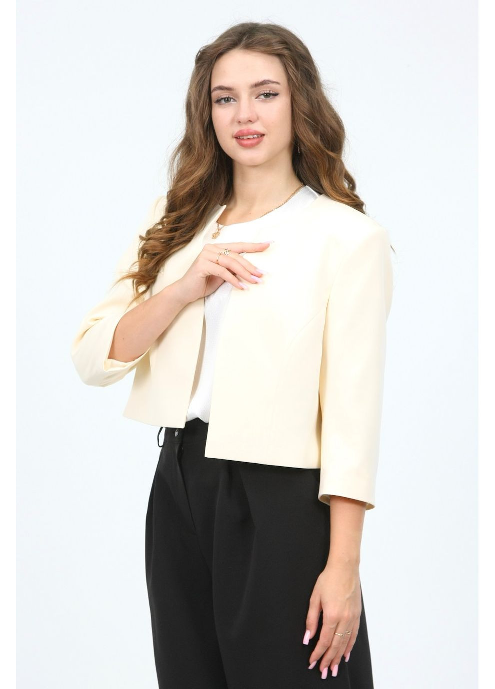 Жакет укорочений жіночий 046 креп світло-бежевий Актуаль (359645935)