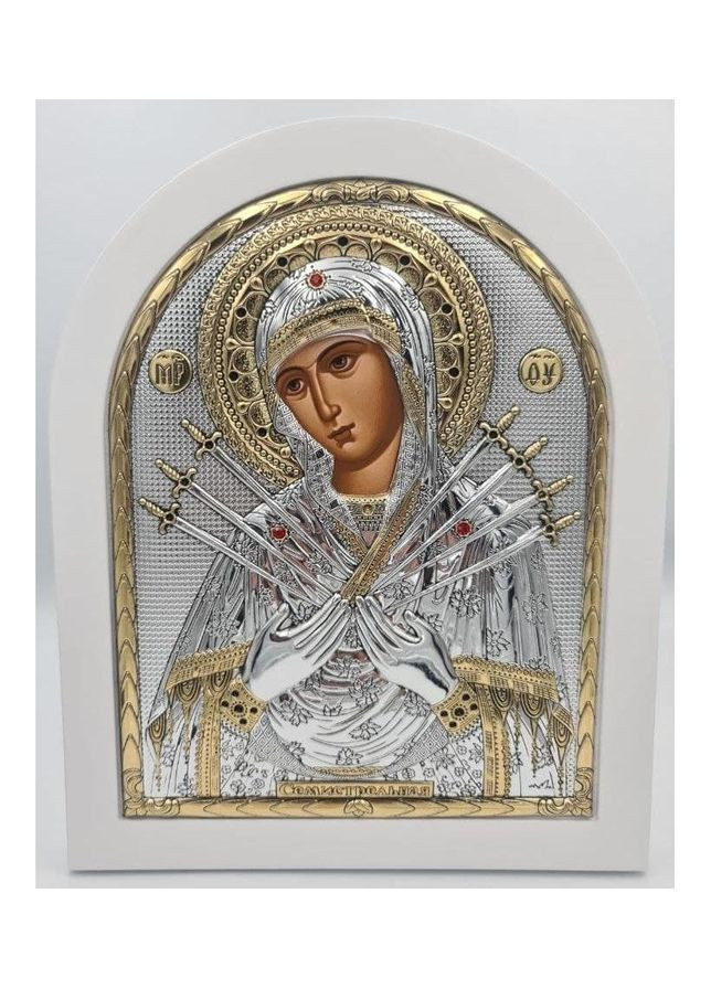 Семистрільна Ікона Божої Матері 20х25см аркової форми на білому дереві Silver Axion (265446267)