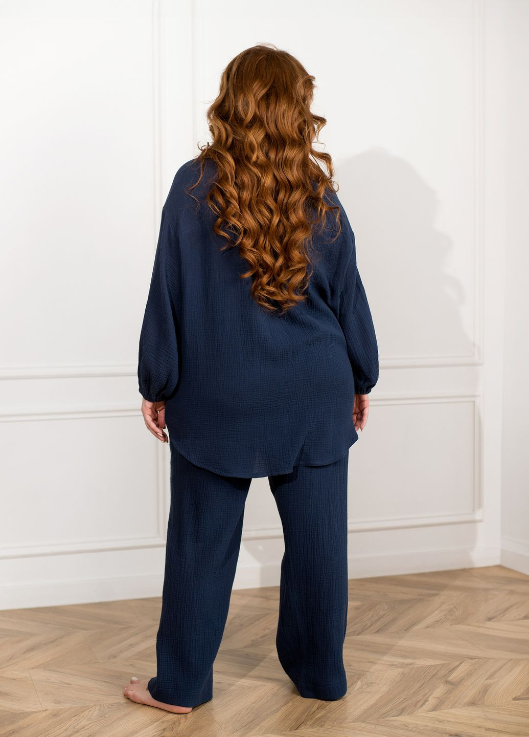 Темно-синя всесезон жіноча бавовняна піжама сорочка + брюки No Brand