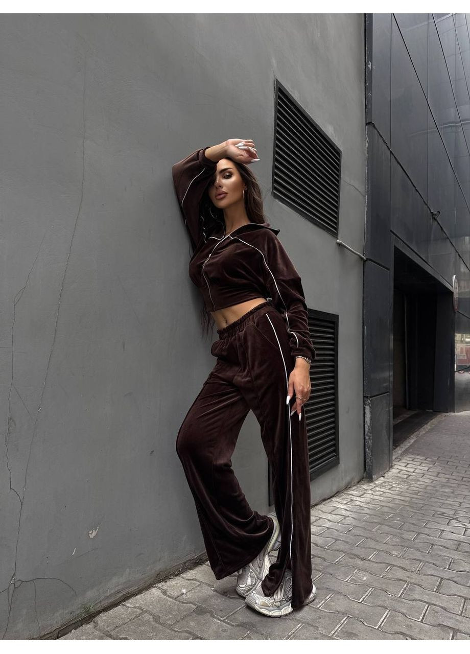 Жіночий велюровий костюм двійка: укорочена кофта на блискавці та брюки з високою посадкою MonCher (361146214)