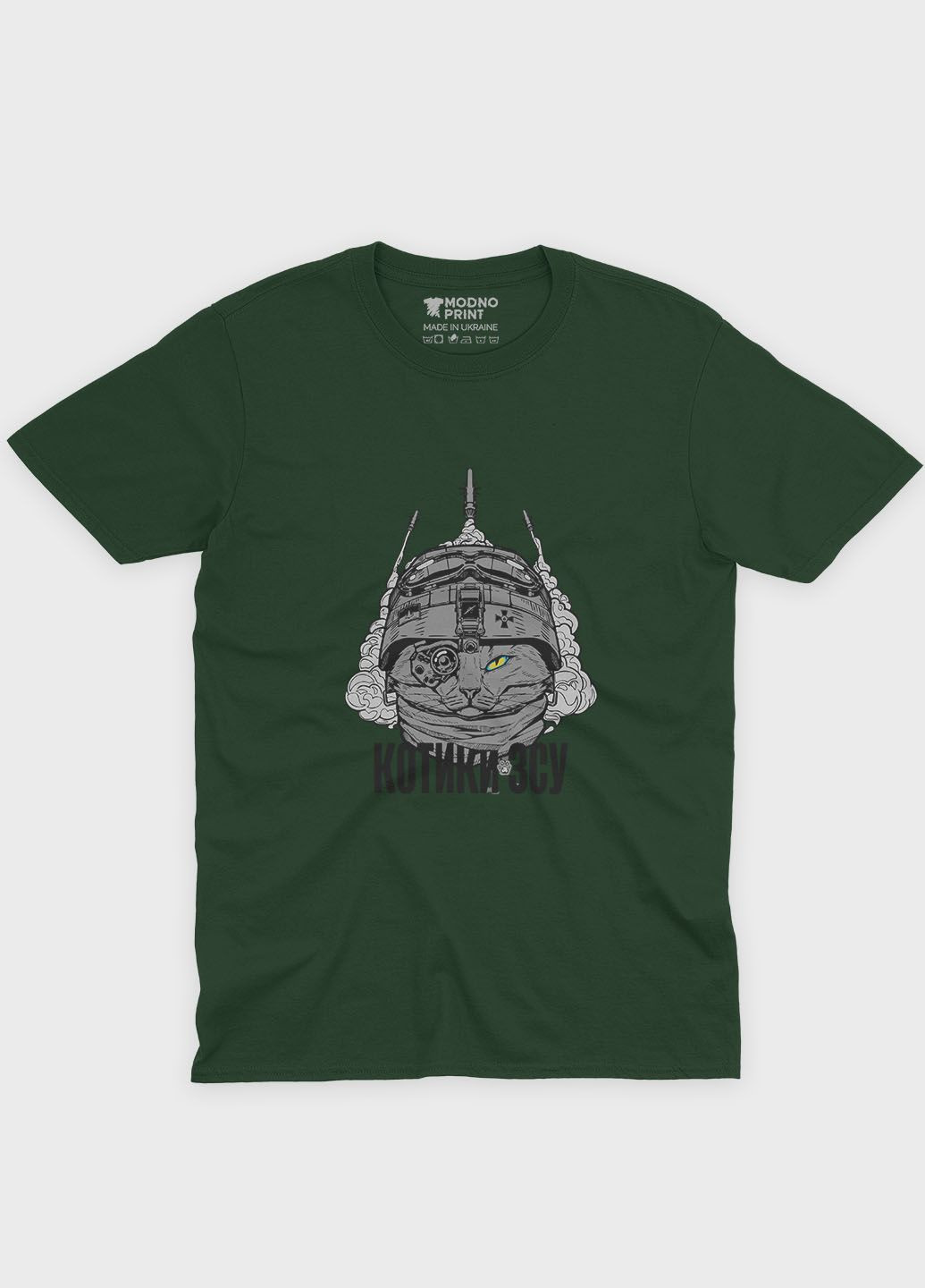 Темно-зелена літня жіноча футболка з патріотичним принтом котики зсу (ts001-3-bog-005-1-072-f) Modno