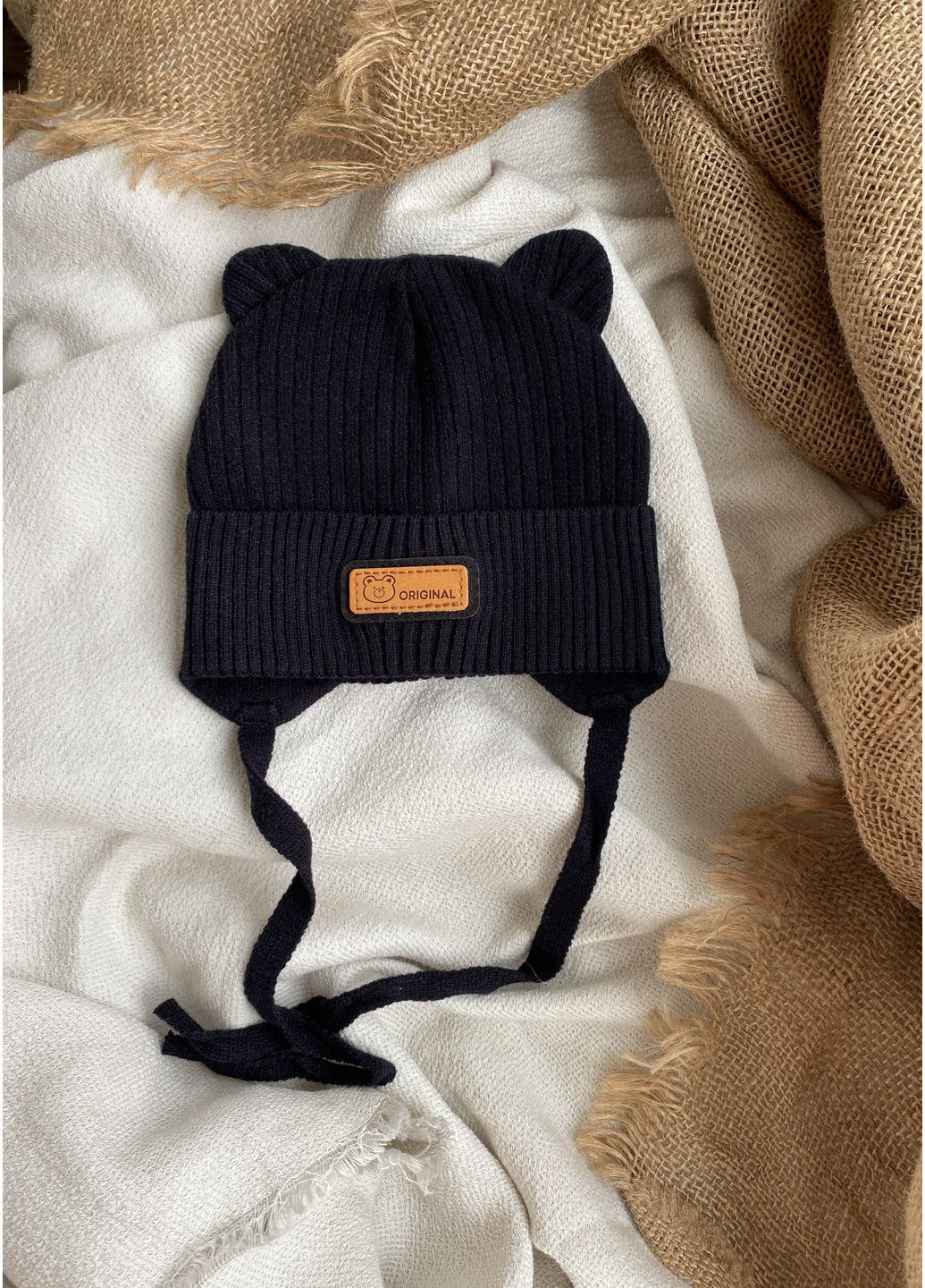 Шапочка на завязках с ушками для новорождённых, унисекс Talvi Монті (361386711)