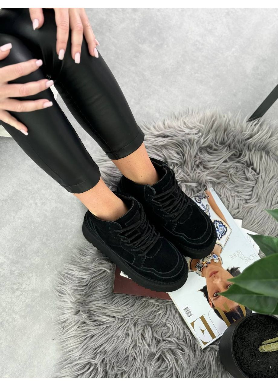 Жіночі зимові уггі на шнурівці Leron, чорні, з натуральної замші, утеплені екохутром No Brand (365756107)