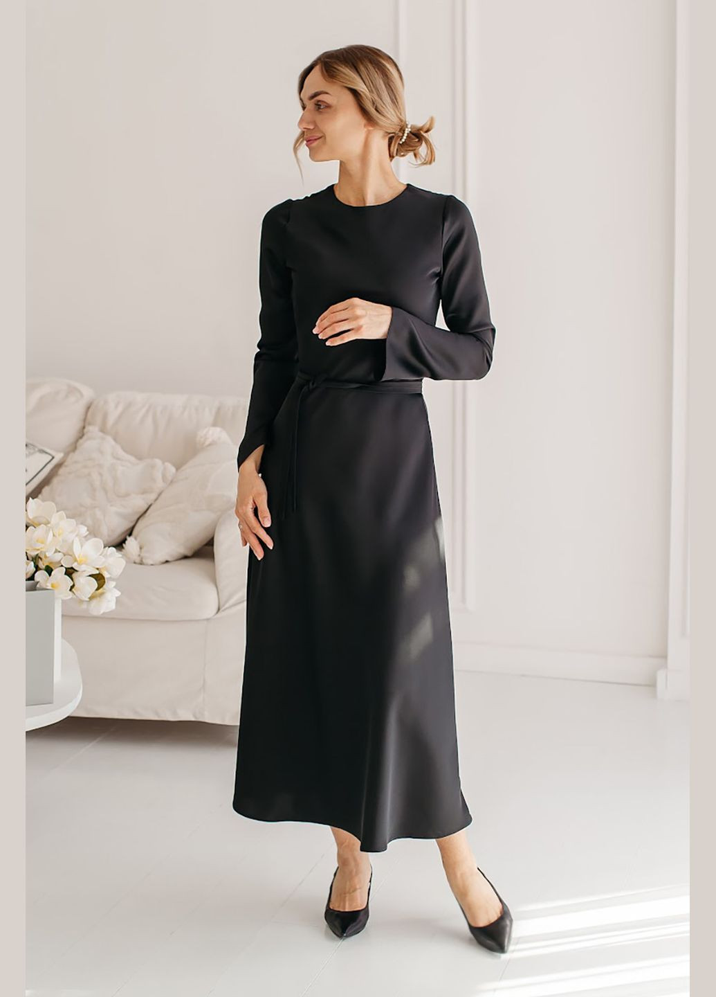 Черное платье из двойного шелка с поясом maureen Lana Bryk однотонное