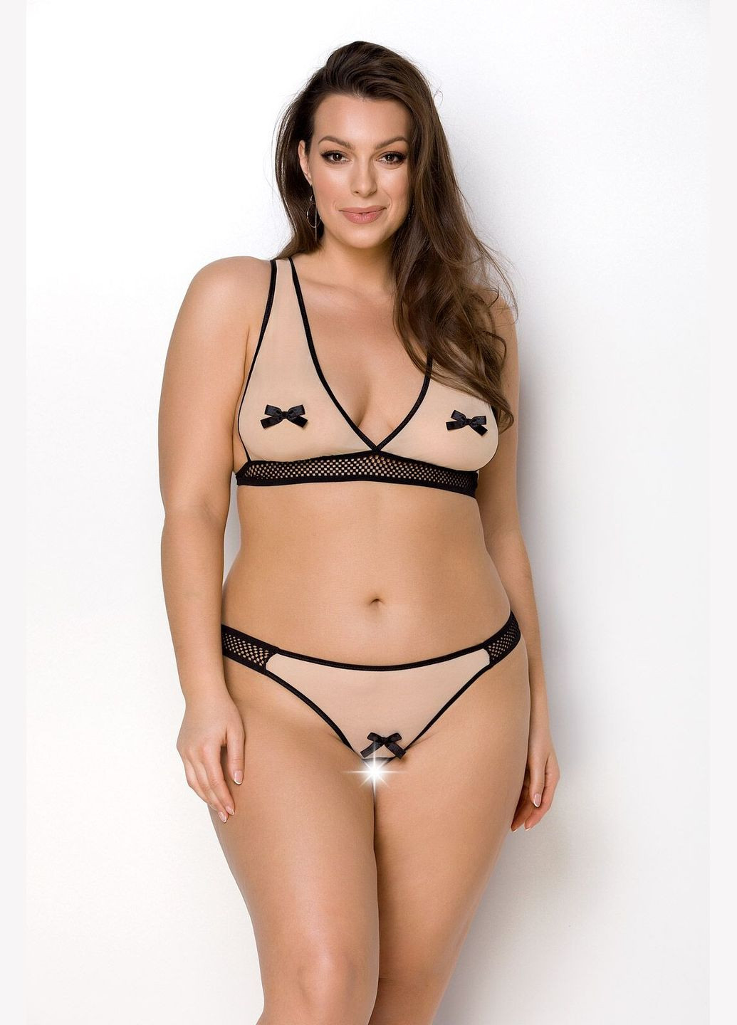 Комбинированный демисезонный комплект белья viena set 4xl/5xl beige, лиф, стринги с доступом, бантики, /7xl Passion