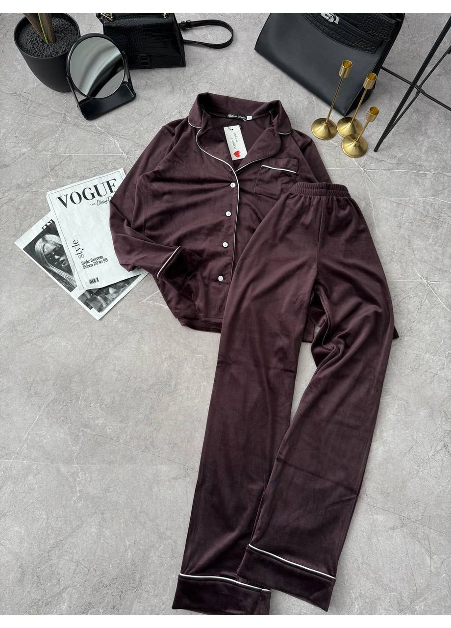 Коричнева всесезон піжама з королівського велюру з ґудзиками — заміри в описі сорочка + брюки GD/GL Модний простір