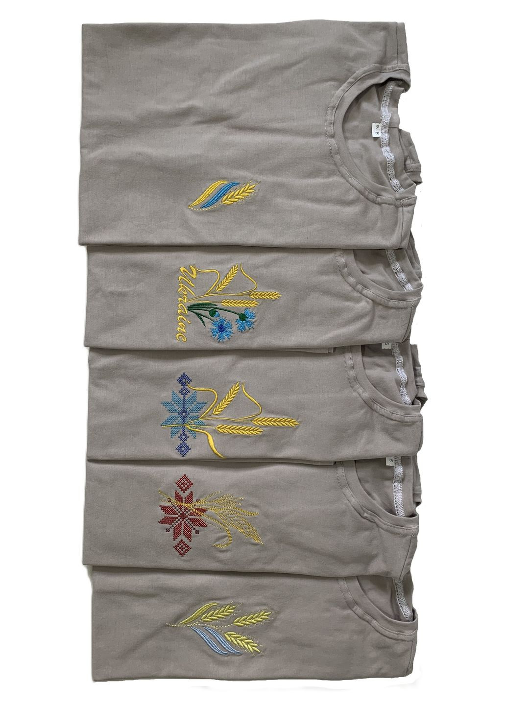 Бежевая бежевая женская вышитая футболка колосок-красный орнамент НоКо узор орнамент прямой, свободная трикотаж (339786950)