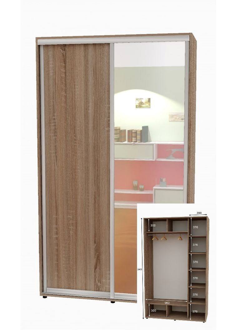 Шафа-купе дводверна 160*60*250 см Дуб Сонома Трюфель 2 двері ДСП + Дзеркало Алекса (360450926)